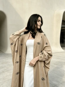 Middle Eastern Fashion Embroidered Cardigan Long Robe Arabian Dress White Linen Outerwear Women's Clothing - Khaki - View 4