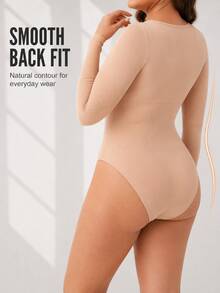 1pc Plus Size Nude Seamless Long Sleeve Bodysuit, U-Neck Ribbed Fabric, Soft Bust Support With Seamless Edging, Waist Compression And Tummy Control, Smooth Back For Body Shaping, High Elasticity Soft And Comfortable, Autumn/Winter Commute Date Dress Layering Daily Wear Base Layer Shaping Top - Apricot - View 2