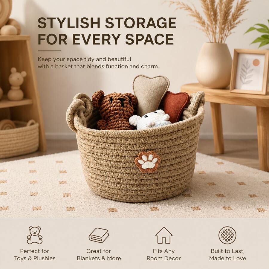 1PC Khaki Cotton Rope Storage Basket, Cute Bear Pattern Woven Storage Basket, Decorative Storage Bin For Desktop, Shelf, Bedroom, Wardrobe, Living Room - Multicolor - View 1
