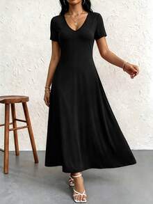 Women's Wedding Maxi Gown, Formal Occasion Long Dress With V-Neck Design, Minimalist Elegant & Sophisticated Style,Vacation Outfit Women - Black - View 2