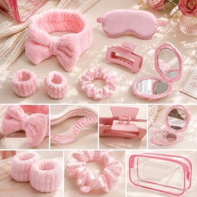 8pcs Girls SPA Party Gift Set, Pink Pajama Party Supplies, Includes Bow Headband, Wristband, Hair Tie, Hair Clip, Eye Mask, Makeup Bag, Mirror, Suitab