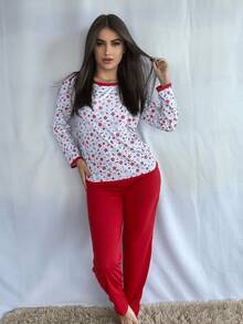 Pijama Conjunto Feminino Inverno Quentinho Estampado Pijama comprido Mangas Longas - Vermelho - Visão 4