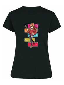 Chica anime con cabello largo en uniforme escolar sosteniendo una espada sobre bloques coloridos que forman símbolos japoneses camiseta de mujer - Negro - Ver 1