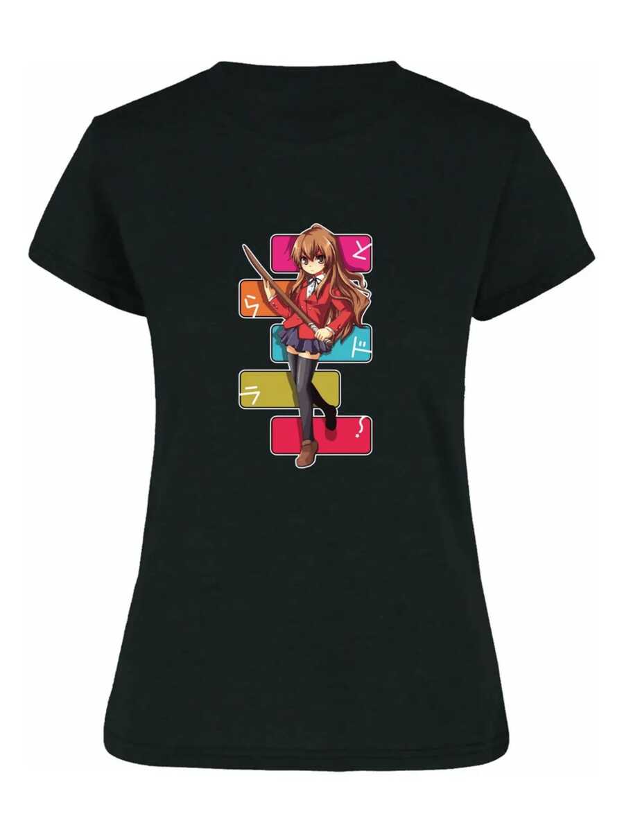Chica anime con cabello largo en uniforme escolar sosteniendo una espada sobre bloques coloridos que forman símbolos japoneses camiseta de mujer - Negro - Ver 1