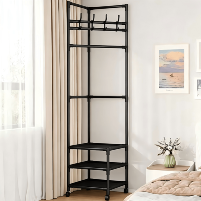 Descripción del producto: Perchero multifuncional negro independiente. 41 * 41 * 174 cm. Perchero vertical para entrada con ganchos superiores y estantes de almacenamiento de zapatos de 3 niveles. Soporte de ropa clásico de metal negro.