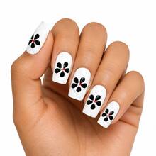 Finger Queen Short Square Floral Black And White False Nails 24pcs Card - Floral Preto Branco - Ver 1