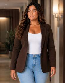 Plus Size Blazer, Luxury Women's Basic Suit, Autumn/Winter, Elegant Office Suit For Work, Tailored - Rust Brown - View 6