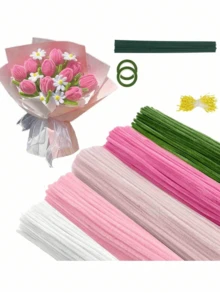Pink Tulip Velvet Strip Handmade Kit, Upgraded Dense Velvet Strip Brush, Suitable For Handmade Crafts, Artificial Floral Arrangement, Valentine's Day, Mother's Day Gifts, World Cup, Graduation Season Gifts, Back To School Decoration Party Gifts, Holiday Gifts - Multicolor - View 1
