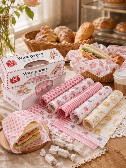 100pcs Printed Wax Paper Sheets, Greaseproof Food Wrapping Paper, Oil & Water Resistant Pastry Baking Paper For Sandwiches, Burgers, Cookies, Cakes, Picnic, Bakery & Takeaway Food Packaging, Assorted Styles