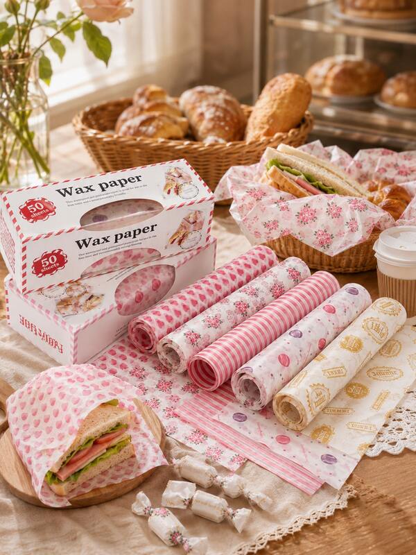 100pcs Printed Wax Paper Sheets, Greaseproof Food Wrapping Paper, Oil & Water Resistant Pastry Baking Paper For Sandwiches, Burgers, Cookies, Cakes, Picnic, Bakery & Takeaway Food Packaging, Assorted Styles