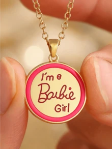 Miniso Barbie 金色調圓形吊墜項鍊 1件裝 粉色閃亮可愛輕盈舒適 女款日常派對禮物 - 樣式1 - 查看 4