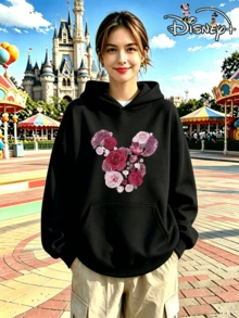 Mickey Mouse Disney High-End Purple-Pink Gradient Floral Hooded Sweatshirt (Women's Autumn/Winter Clothing/Plus Size Friendly) - 黑色 - 查看 1