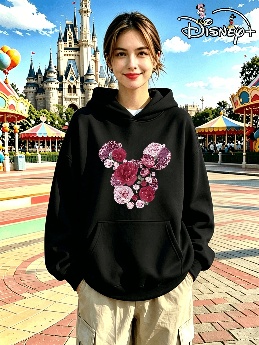 Mickey Mouse Disney High-End Purple-Pink Gradient Floral Hooded Sweatshirt (Women's Autumn/Winter Clothing/Plus Size Friendly) - 黑色 - 查看 1