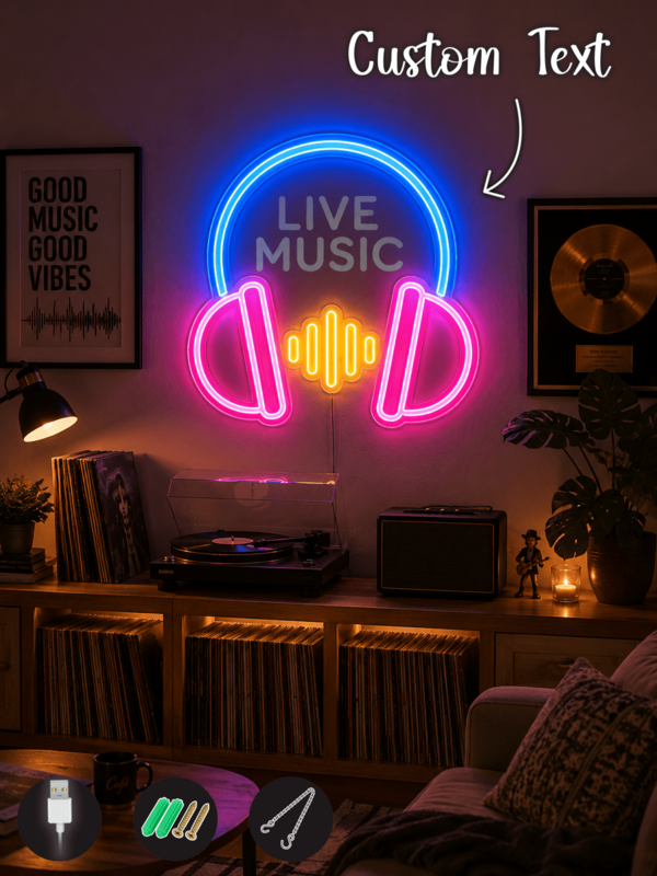 Custom Live Music Neon Light | USB Powered Personalized Headphone Decoration, Suitable For Gaming Room, Bedroom, Cat Ears, Girls, Men's Cave And Boyfriend Gift