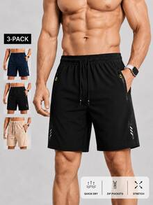 3pcs Men's Sports Shorts, Comfortable Drawstring Elastic Waist, Zipper Pocket Design, Machine Washable, Suitable For Summer Fitness, Running, Basketball, Daily Commute, Fashionable Men's Clothing - Multicolor - View 2
