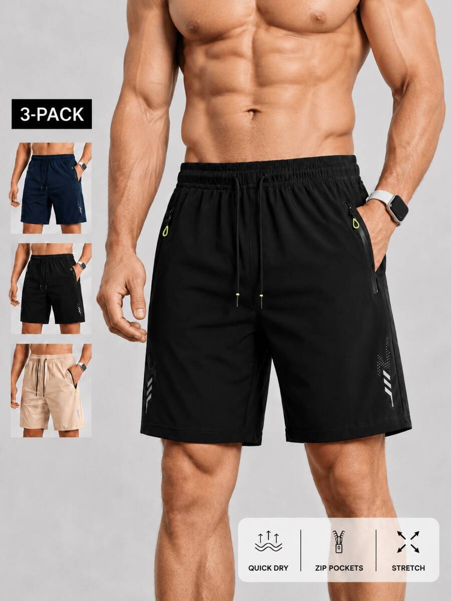 3pcs Men's Sports Shorts, Comfortable Drawstring Elastic Waist, Zipper Pocket Design, Machine Washable, Suitable For Summer Fitness, Running, Basketball, Daily Commute, Fashionable Men's Clothing - Multicolor - View 1