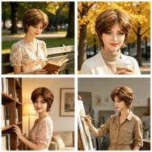 Layered Short Blonde Pixie Wigs For White Women Dark Brown Ombre Blonde Pixie Cut Wig With Bangs Synthetic Natural Looking Daily Party Wig - Multicolor - View 8