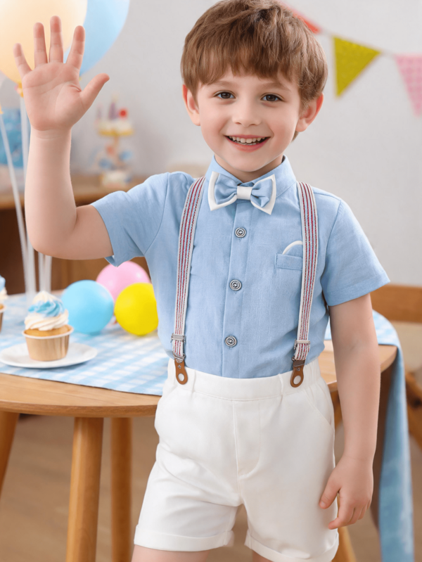 2pcs Boys Outfit Short Sleeve Shorts Bow Tie Suspenders Summer Set Baby Outfit Birthday Outfit Baptism Outfit Little Gentleman Style 2pcs Set Suspenders Pants Outfit Back To School Outfit School Season Outfit Wedding Flower Boy Outfit Party Outfit Banquet Outfit Summer Outfit Beach Vacation Outfit Casual Formal Outfit Gentleman Outfit British Style Boys Outfit