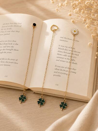 1pc Lucky Four-Leaf Clover Chain Bookmark, Daisy & Heart Double Pendant Metal Hanging Chain Bookmark, Vintage Literary Student Reading Stationery, Teacher's Day Gift, Book Page Marker Clip, Book Decoration Accessory, Gift For Students, Teachers, Friends, Planner Gift, Desk Decor