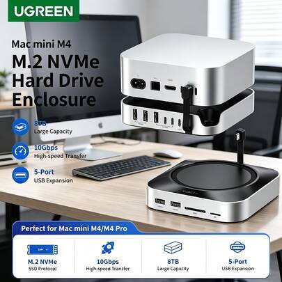UGREEN [Penyelamat Desktop] Dock ekspansi SSD M.2 khusus Mac mini, sangat kompatibel dengan peningkatan dan ekspansi M4/M4 Pro + dudukan penambah tinggi dalam satu perangkat, kecepatan baca dan tulis tinggi USB 3.2.
