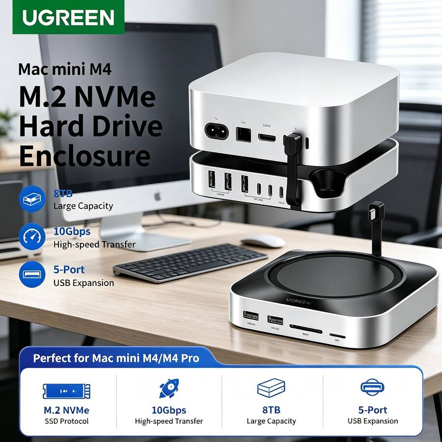 UGREEN [Desktop Savior] Mac Mini Dedicated M.2 SSD Expansion Dock, Perfectly Compatible With M4/M4 Pro Upgrade And Expansion + Height Increase Stand In One, USB 3.2 High-Speed Read And Write. - View 1