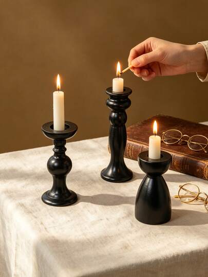 1pc Vintage Black Wooden Candle Holder, Roman Column Style, Multiple Styles Available, Rustic Farmhouse Candle Stand, Suitable For Home Decor, Wedding, Party And Table Centerpiece Decoration, Holiday Gift