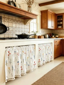 1PC Spring/Summer Minimalist Elegant Cabinet Curtain, Floral Pattern With Pom Pom Tassels, Fresh Style, Embroidered Hollow Cafe Table Skirt Short Window Curtain, Suitable For Kitchen Cabinet, Living Room, Balcony, Bay Window, Bedroom, Wardrobe, Study, Garden Home Decor - White - View 1