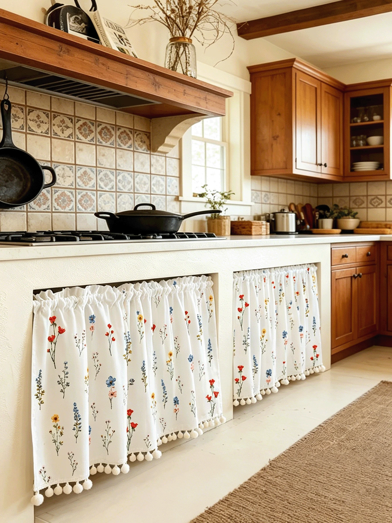 1PC Spring/Summer Minimalist Elegant Cabinet Curtain, Floral Pattern With Pom Pom Tassels, Fresh Style, Embroidered Hollow Cafe Table Skirt Short Window Curtain, Suitable For Kitchen Cabinet, Living Room, Balcony, Bay Window, Bedroom, Wardrobe, Study, Garden Home Decor - White - View 1