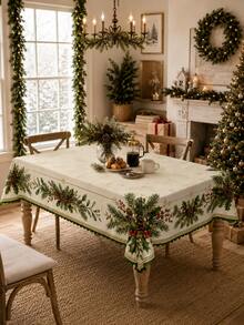 1pc Watercolor Pine Cone & Holly Berry Print Round Tablecloth, Suitable For Neutral Winter Decor, Home Decor, Room Decor, Bedroom Decor, Garden, Kitchen, Farmhouse Style Holiday Party And Christmas Celebration - Multicolor - View 12