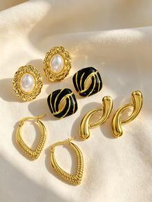 4 Pairs Stainless Steel Earrings Set, Pearl Stud Earrings, Teardrop Pendant Earrings, Gold Enamel Black Flower Pearl Earrings, Elegant Petal Texture Floral Jewelry, Geometric Vintage Water Drop Earrings, Suitable For Daily Commute, Party, Wedding, Different Occasions Jewelry Accessories - Multicolor - View 7