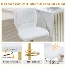 Height-Adjustable Bar Stool / 360° Swivel Bar Stool / With Backrest And Footrest / Leather Upholstery / Load Capacity 136 Kg / For The Bar At Home Or In The Office - 白色+金色 - 查看 6
