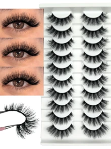 10 Pairs Thick 3D Multi-Layer DD Curly Russian Spiky Style False Eyelashes, High Volume Fluffy Dense Full Strip Lash Extensions For Party, Dance, Daily Wear - Black - View 2