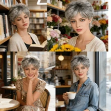 Layered Short Blonde Pixie Wigs For White Women Dark Brown Ombre Blonde Pixie Cut Wig With Bangs Synthetic Natural Looking Daily Party Wig - Multicolor - View 10