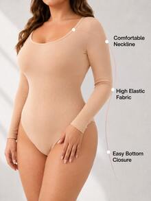 1pc Plus Size Nude Seamless Long Sleeve Bodysuit, U-Neck Ribbed Fabric, Soft Bust Support With Seamless Edging, Waist Compression And Tummy Control, Smooth Back For Body Shaping, High Elasticity Soft And Comfortable, Autumn/Winter Commute Date Dress Layering Daily Wear Base Layer Shaping Top - Apricot - View 5