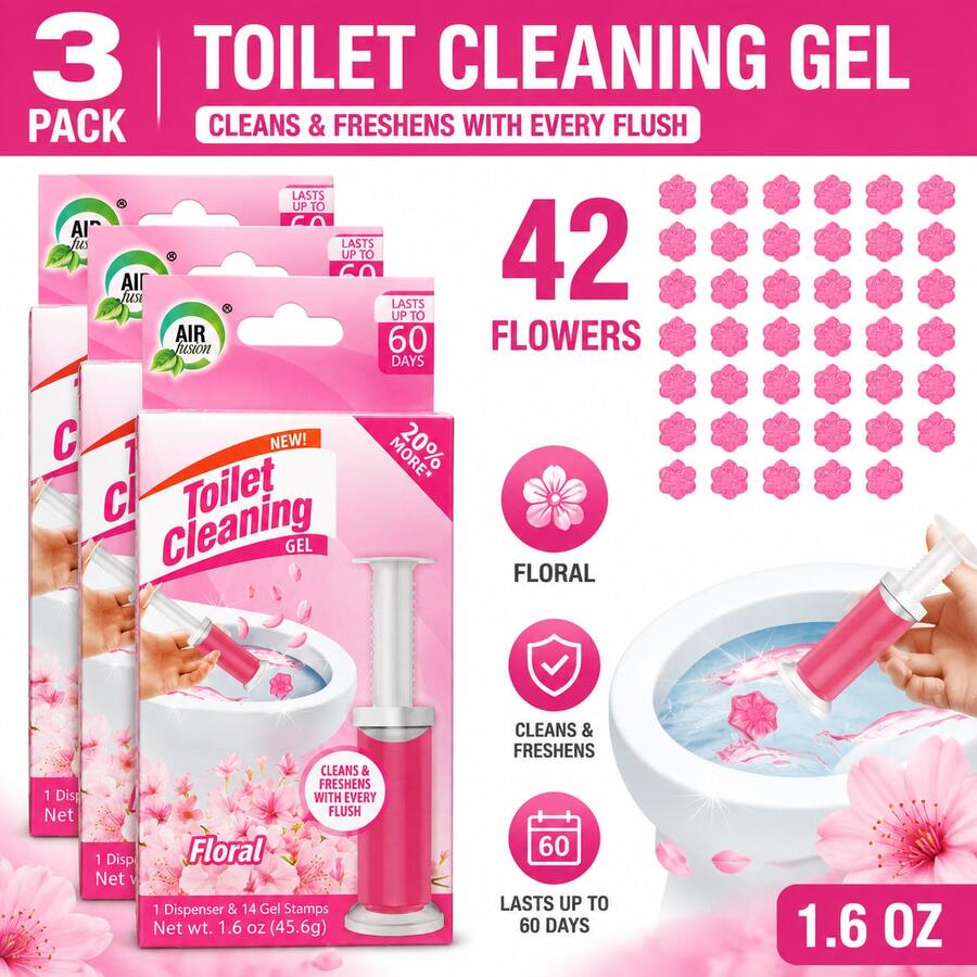 AIR FUSION 42 Count Fresh Flower Gel Stamp Toilet Cleaner, Air Freshener, Fresh Bathroom Toilet Cleaning Gel Stamp, Helps Keep Toilet Clean, Prevents Scale And Toilet Ring, 6 Fragrance Options, Includes 1 Dispenser And 4 Gels - 花的 - 查看 1