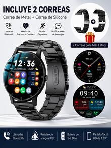 Smartwatch With 2 Straps (Steel + Silicone), Bluetooth Calls, Heart Rate Monitor, Sports And Notifications For Android And IOS - Black - View 2