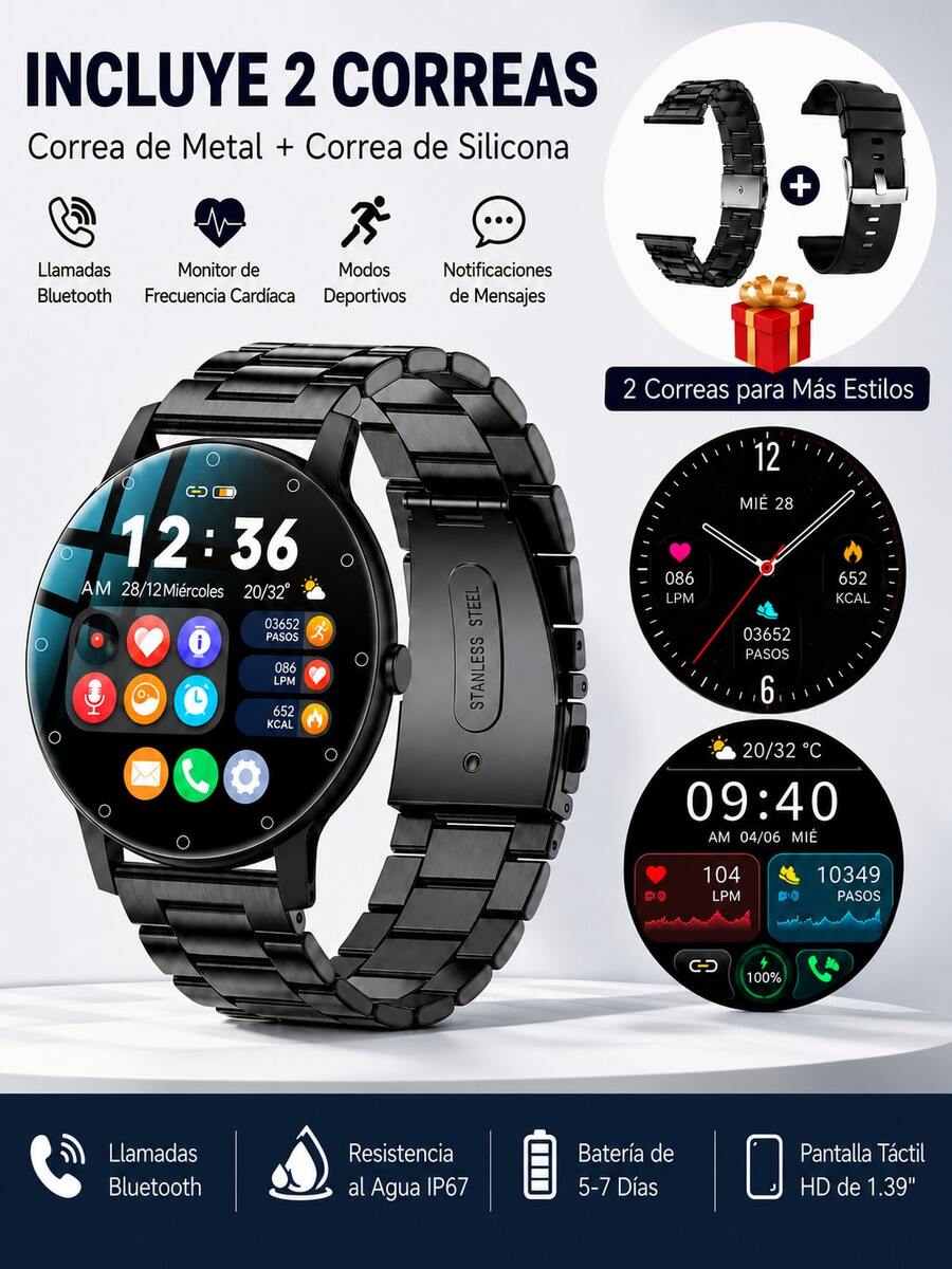 Smartwatch With 2 Straps (Steel + Silicone), Bluetooth Calls, Heart Rate Monitor, Sports And Notifications For Android And IOS