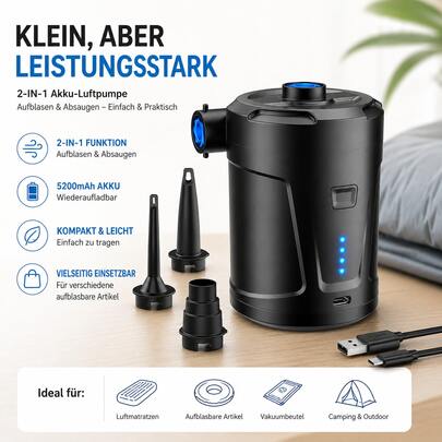 1 Set Multifunktionale Akku-Luftpumpe mit Saug- und Aufblasfunktion, 5200mAh Großkapazitäts-Akku, Tragbares Inflations- und Entlüftungsgerät für Luftmatratzen, Aufblasbares Zubehör und Campingbedarf