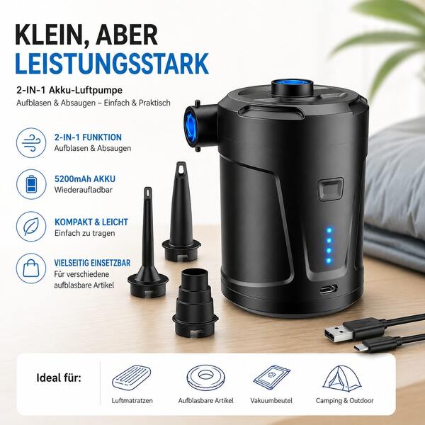 1 Set Multifunktionale Akku-Luftpumpe mit Saug- und Aufblasfunktion, 5200mAh Großkapazitäts-Akku, Tragbares Inflations- und Entlüftungsgerät für Luftmatratzen, Aufblasbares Zubehör und Campingbedarf