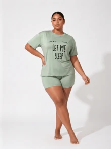 Snug League Plus Size Casual Outfit Set, Featuring Eye & Slogan Print Dropped Shoulder Short Sleeve Round Neck T-Shirt And Shorts Pajama Set, Suitable For Outdoor - Green - View 5