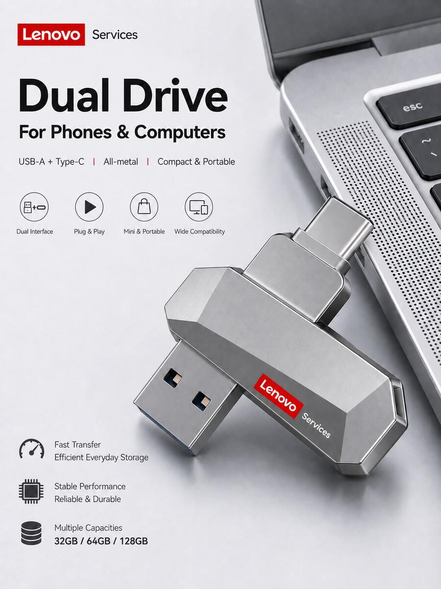 Lenovo E510 Type-C + USB 3.2 Dual Port OTG Flash Drive, 32GB 64GB High Speed USB Stick Compatible With Android Phones, Computers, Laptops, Mac, Car Audio - View 1