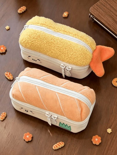 1pc Large Capacity Cute Cartoon Stationery Pencil Case, Multi-Functional School And Office Organizer, Durable And Stylish Double Layer Pencil Bag, Suitable For Students, Girls, Anime Fans, Salmon And Fried Shrimp Design, White And Orange Yellow Optional, Ideal Choice For Stationery Storage, Back To School Season Must-Have