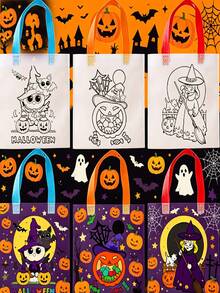 60/48/24/12pcs Halloween DIY Gift Bags, Graffiti Tote Bags, Various Pumpkin Graffiti Tote Bags, Witch Graffiti Tote Bags, With Colorful Handles, Atmosphere Creating Supplies, Holiday Photo Props, Suitable For Halloween Group Activities, Party Gift Packaging Bags - View 5
