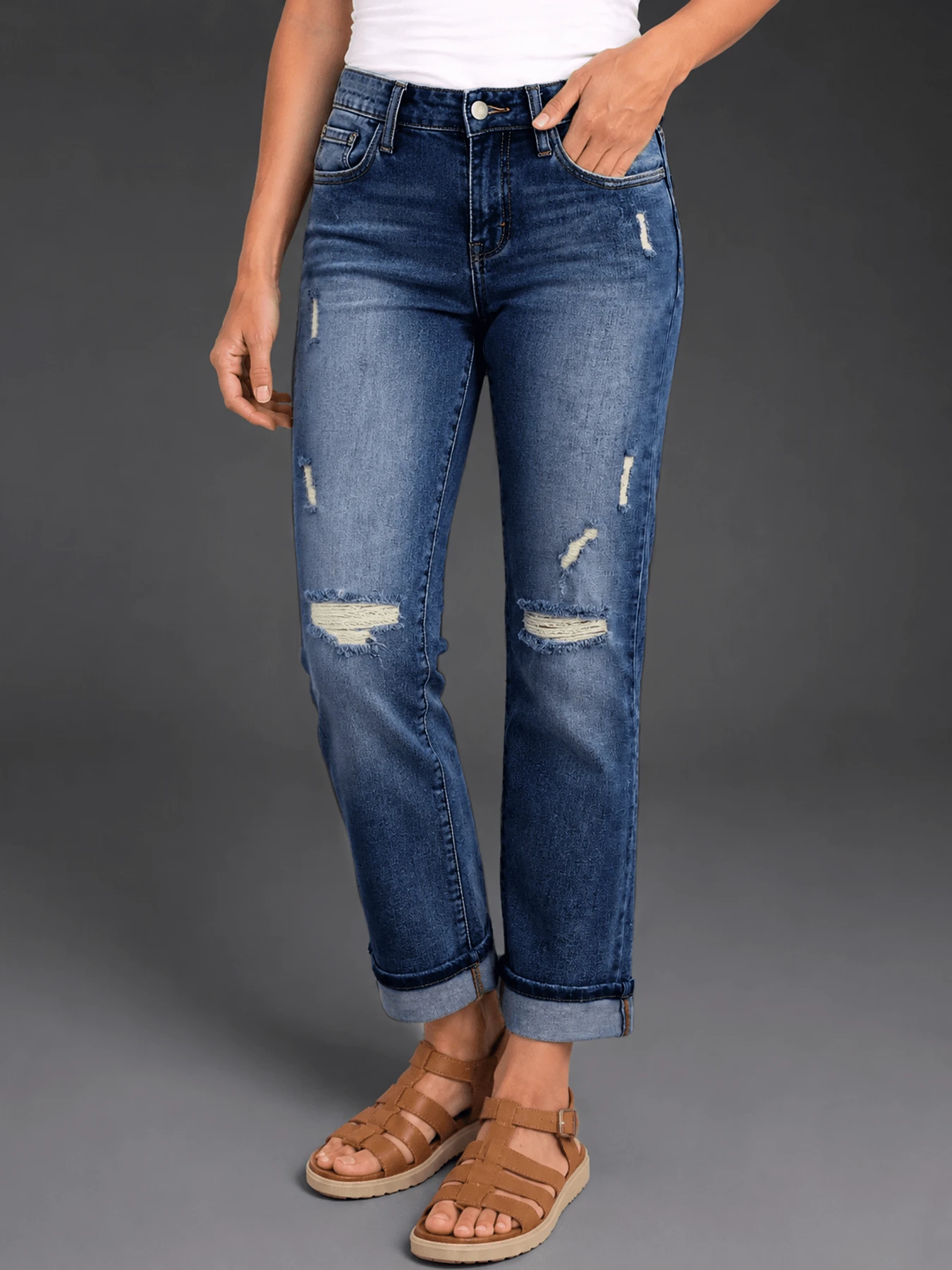 New Women's Fashion Elastic Distressed Skinny Jeans With Pockets - Elastic Straight Leg Jeans Casual Spring - Dark Wash - View 1
