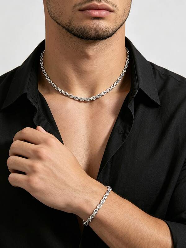 2pcs/Set New Twisted Rope Chain Necklace & Bracelet Set, Stainless Steel Hip-Hop Style, Men's Fashion Jewelry, Suitable For Evening Party, Dinner/Gathering, Party, Daily Wear. Valentine's Day, Anniversary Gift For Loved Ones