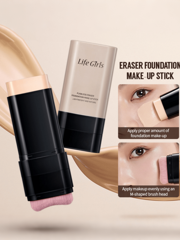 Flawless Concealer Foundation Stick With Built-In M-Shaped Brush, Creamy Foundation For Beginners, Long-Lasting Skin-Fitting Concealer Stick, Moisturizing Natural Finish Base Makeup, Portable 2-In-1 Facial Makeup, Suitable For Daily And Travel Use