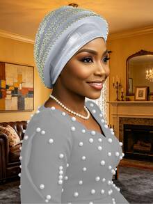1pc Shiny Satin Rhinestone-Studded Hood, Nigerian-Style One-Piece Headscarf, Perfect For Wedding Party Dresses. - Multicolor - View 11
