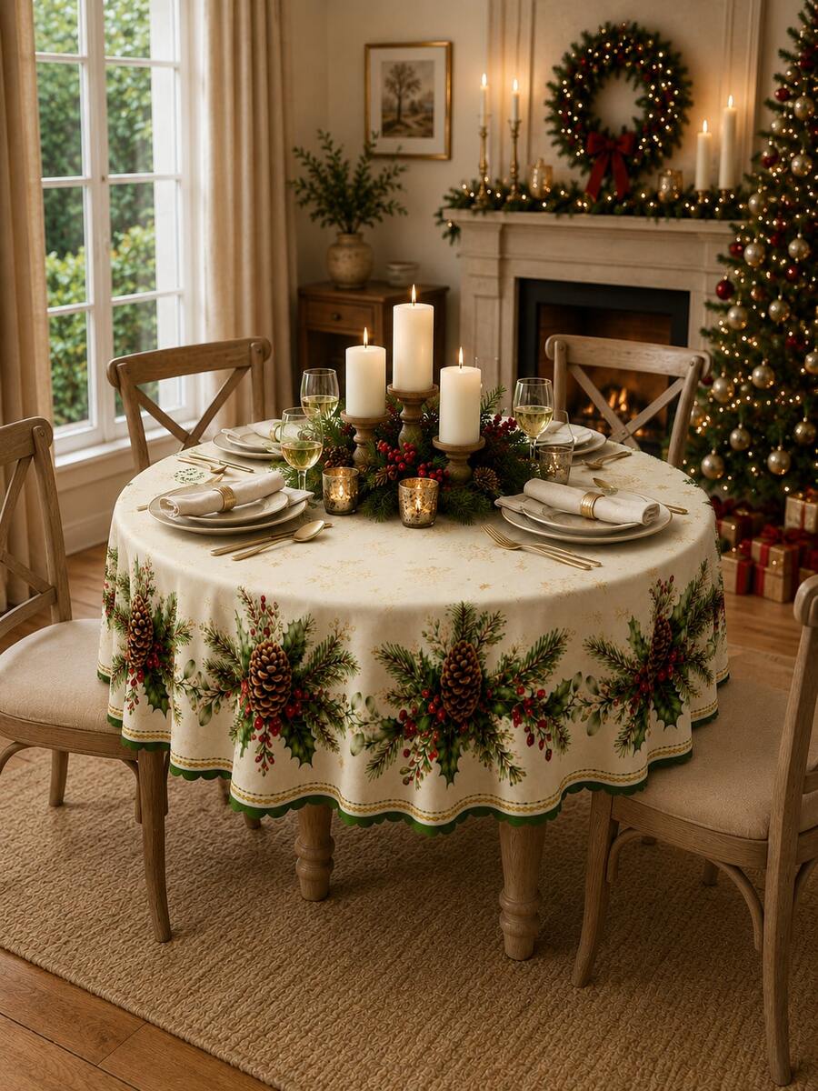 1pc Watercolor Pine Cone & Holly Berry Print Round Tablecloth, Suitable For Neutral Winter Decor, Home Decor, Room Decor, Bedroom Decor, Garden, Kitchen, Farmhouse Style Holiday Party And Christmas Celebration - Multicolor - View 1