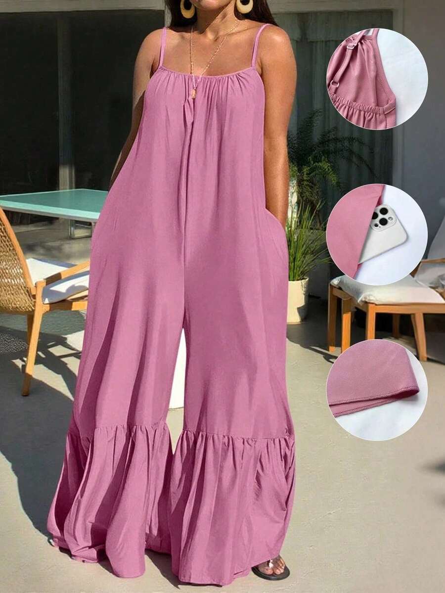 Women's Sleeveless Spaghetti Strap Jumpsuit, Ruffle Hem, Non-Stretch Long Summer Jumpsuit - Pink - View 1