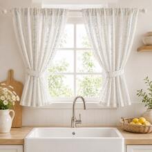 NOSBEI 2pcs/1pc Rod Pocket Sheer Curtains For Small Windows, Cream Background With Multicolor Polka Dot & Striped Translucent Panels, Breathable Soft Texture, Farmhouse Style Laundry Room Decor - Green - View 4
